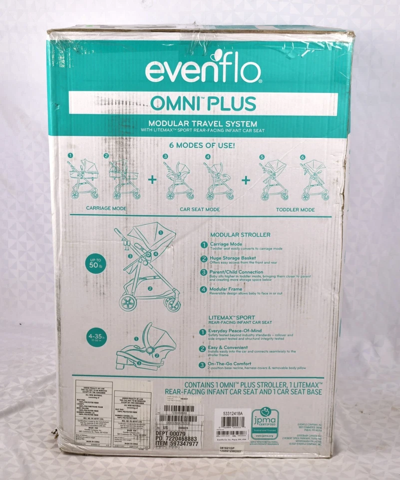 Sistema de viaje modular Evenflo Omni Plus con asiento infantil deportivo LiteMax orientado hacia atrás Foto 2 de 3