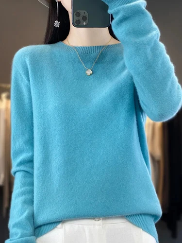 100% Reine Wolle Kaschmir Damen O-Ausschnitt Einfarbig Neu Langarm Pullover - Bild 4 von 38
