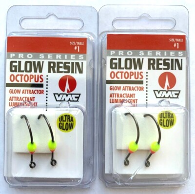 4 VMC Pro Series Glow Resin Octopus Hooks size 1 -  Pink Chartreuse