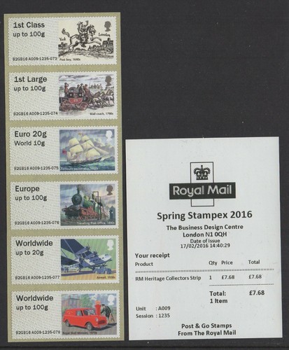 RMAIL HERITAGE STAMPEX SPRING 2016 A009 Collector Strip POST GO + Receipt SUPERB