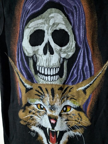 Men's Vintage T-shirt Vest Grim Reaper & Wild Cat DEADSTOCK Size Large Black - Picture 8 of 23