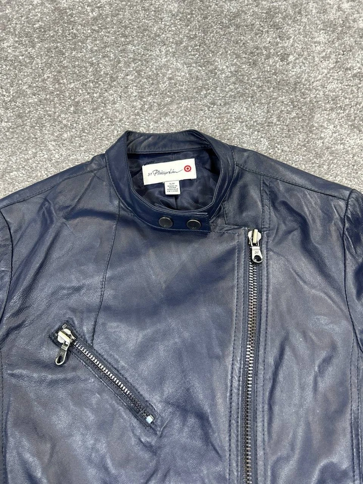 Chaqueta Phillip Lin 3.1 para mujer pequeña de cuero azul con cremallera completa * Foto 2 de 4