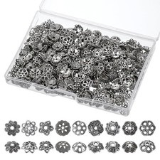 450Pcs Antique Silver Bead Caps for Jewelry Making - 9 Styles Metal Alloy Filigr