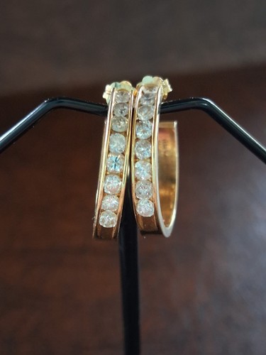 14K SOLID YELLOW GOLD CHANNEL- SET ROUND DIAMONDS ROUND HOOP EARRINGS 5.22g