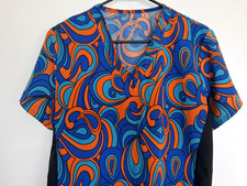 Size L scrub top in blue  orange swirl print by Divine Stretch. Excellent cond