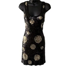 CHARMING CHARLIE Sequin Polka Dot Dress Size Large Black and Gold Mini