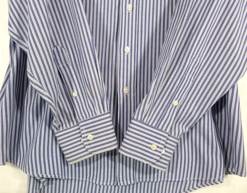 Chaps Ralph Lauren-Mens Classic Striped Dress Shirt-XL/2XL 17.5-Blue-No Wrinkle - Image 3 of 4