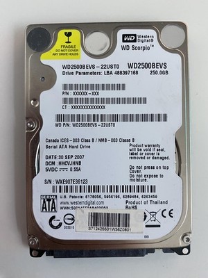 250 GB Western Digital (WD2500BEVS) WD Scorpio  -  SATA (1,5 Gb/s)  -  2,5  