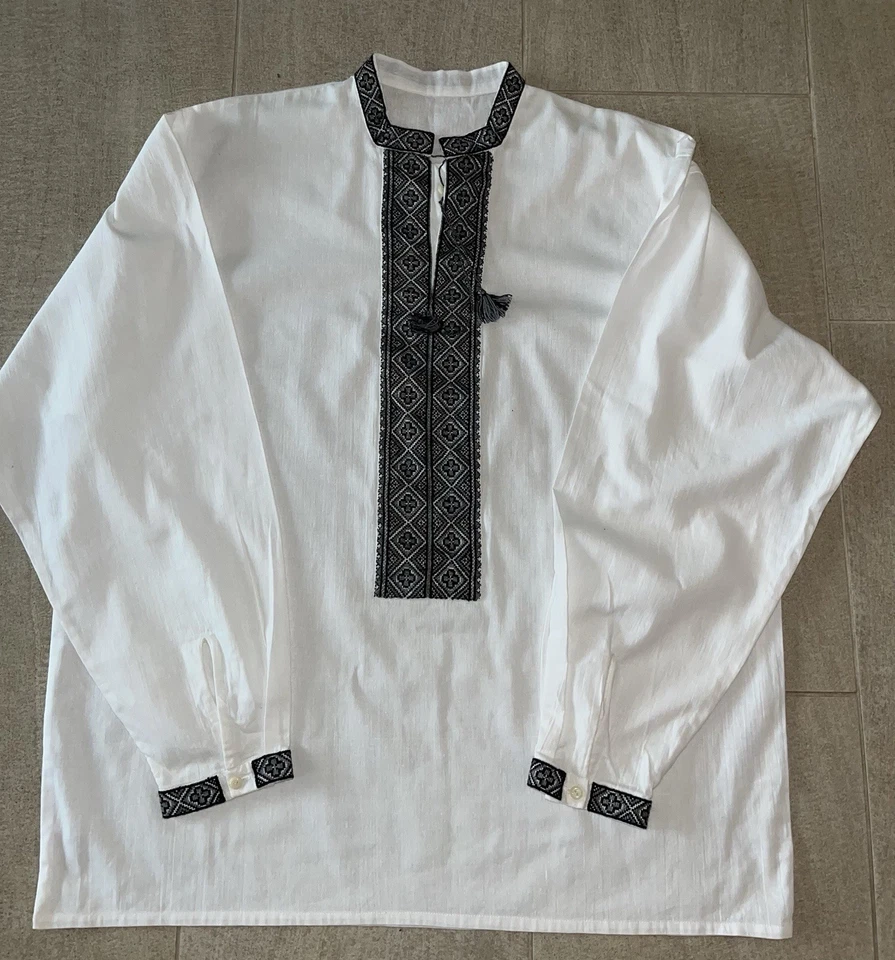 Ukrainian Vyshyvanka Linen XXL Gray Black Embroidery Handmade Long Sleeve Shirt - Image 4 of 4