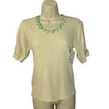 Helen Sue Vtg 70s Knit Sweater Blouse Flower Aplique Stretch Cream Deadstock