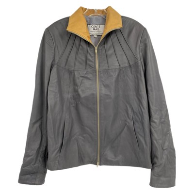 Conte Max Gray Tan Leather Zip-Up Jacket | Size L
