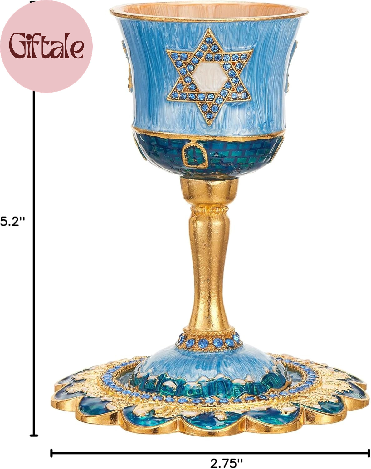 Hand-Painted Enamel Tall 5" Kiddush Cup Set W/Stem & Tray Embellished W/Crystals