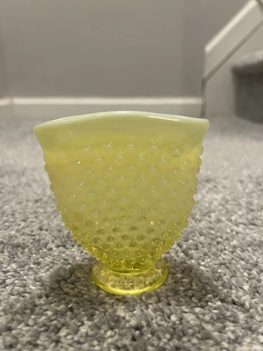 Fenton Glass Fan Vase Topaz Yellow Hobnail Opalescent Vaseline Mini Flat 3.75”