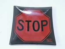 Vintage Roche Stop Sign Ashtray Red Black Square Glass 5"