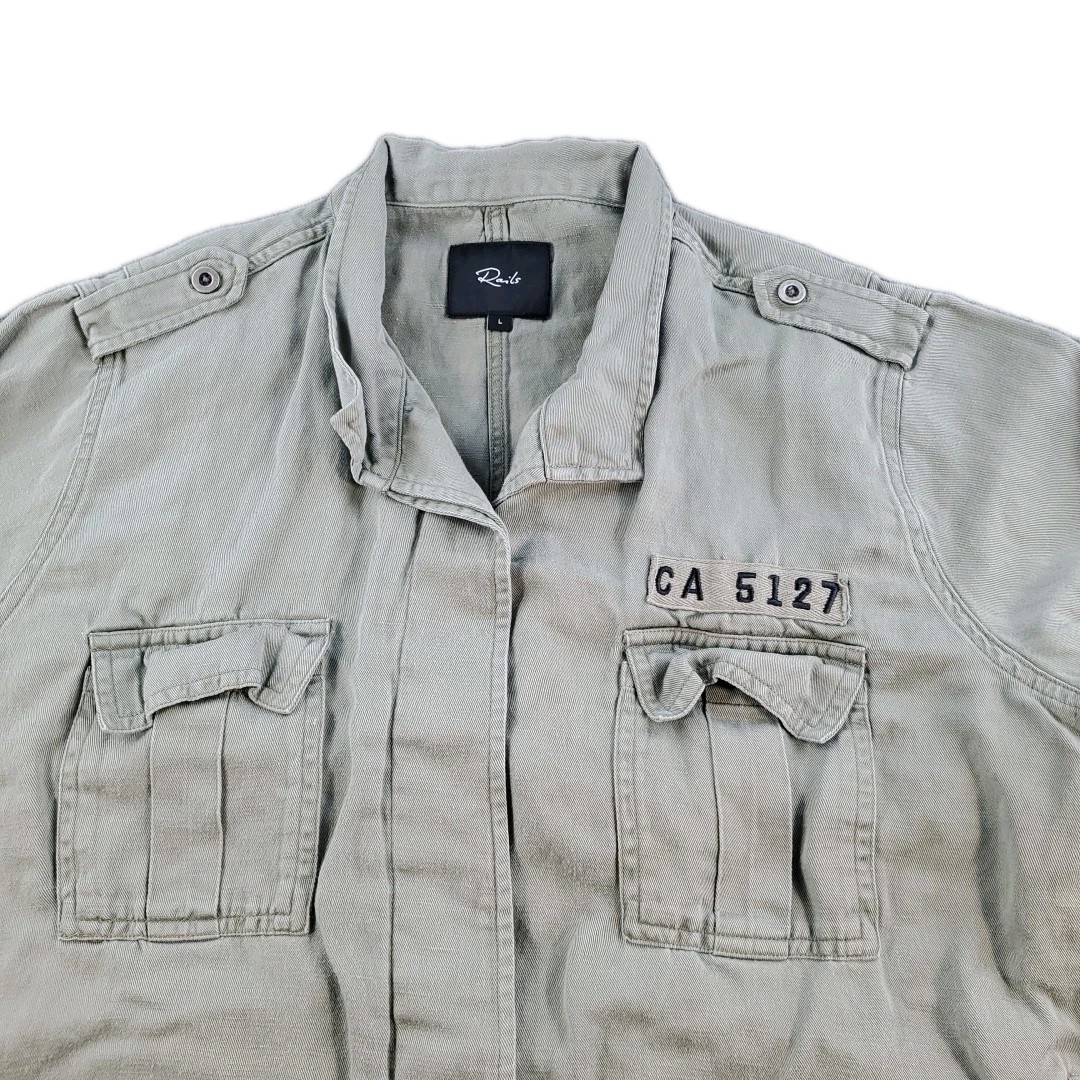 Rails Army Jacket Womens Linen And Tencel Light Sage Arrow Patch Gray Large