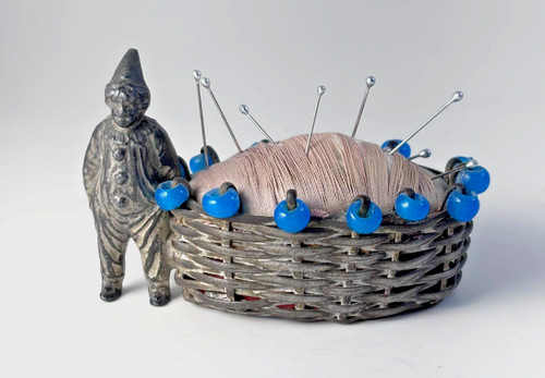 Antique Metal Pincushion Woven Basket with Clown Figure and Glass Bead Rim