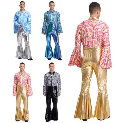 DE Männer Flashing Disco Jumpsuit Flashing gedruckt Flared Ärmel Bell-Bottom