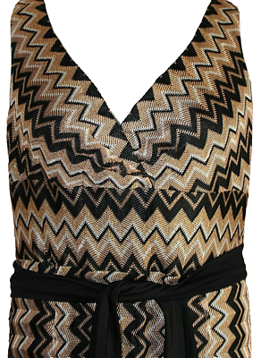 Kay Unger Gold Black Geometric Chevron Striped Dress Belted Sleeveless V  Neck L | eBay