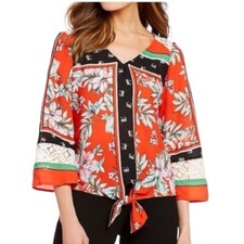 Fig  Flower Floral Lace Trimmed Tie Front Blouse Top M