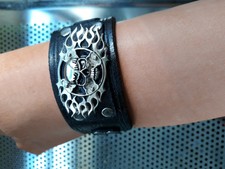 All Leather MENS bracelet ~ Hand crafted in AMERICA - Skull & Flames