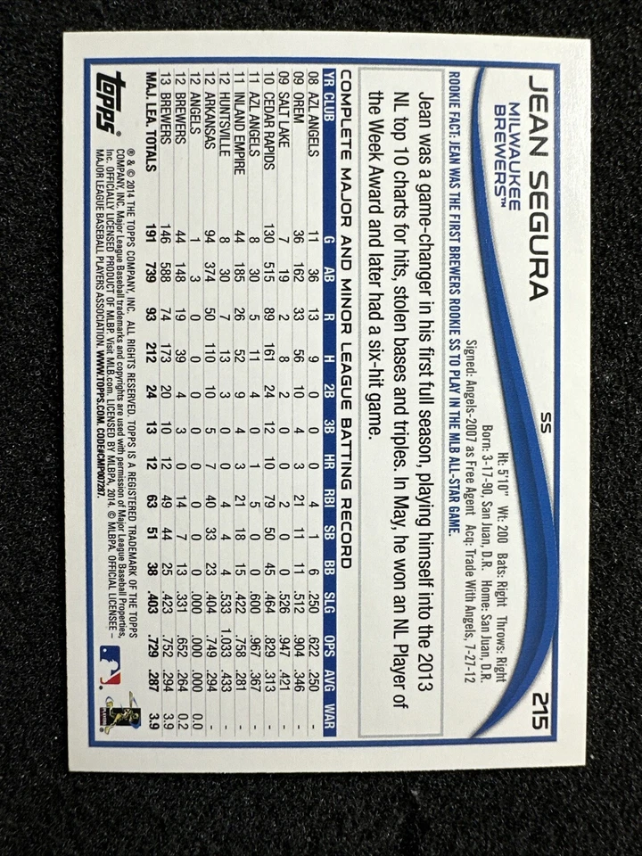 JEAN SEGURA #215 2014 Topps Baseball QTY Milwaukee Brewers - Image 2 of 2