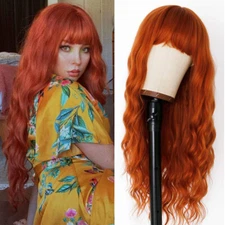 Long Loose Wavy Wig Orange Heat Resistant Synthetic Hair Wigs Full Bangs Natural