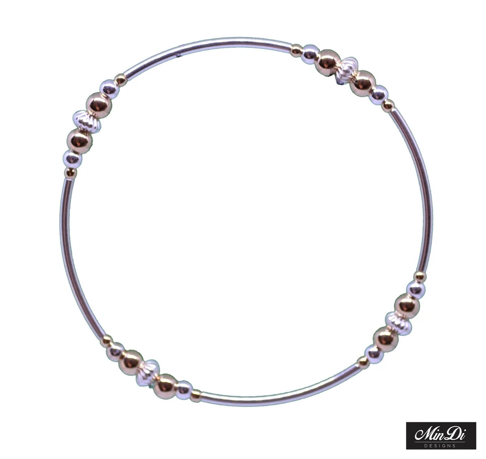 Bracciale elastico fatto a mano con oro giallo 14 carati riempito e argento s... - Immagine 4 di 4