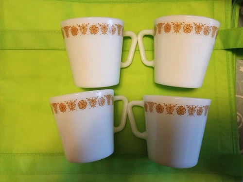 Set of 4 Vintage PYREX ~ Butterfly Gold ~ Coffee Cups #1410 NOS