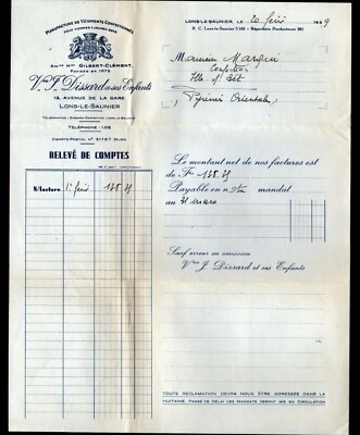 LONS-le-SAUNIER (39) CLOTHING / CLOTHING ''Vve J. DISSARD & Children'' in 1939