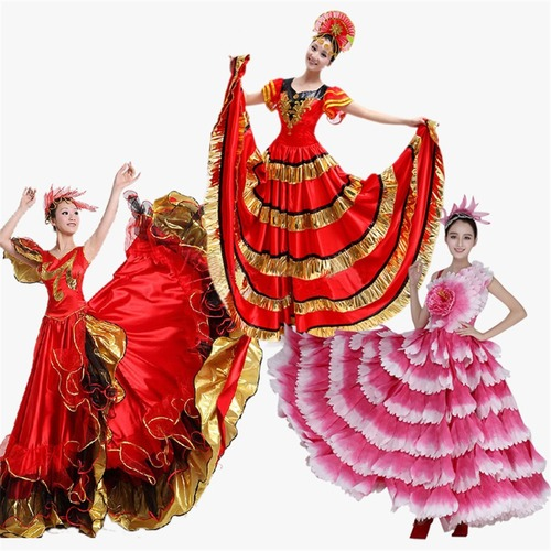 Women Spain Dress Flamenco Skirts Dance Costumes Flower Chorus Performance - Picture 1 of 26