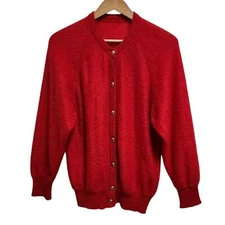 Mohair Wool Sweater Womens Sz 12 Red Superkid Rhinestone Button Luxe Jumper