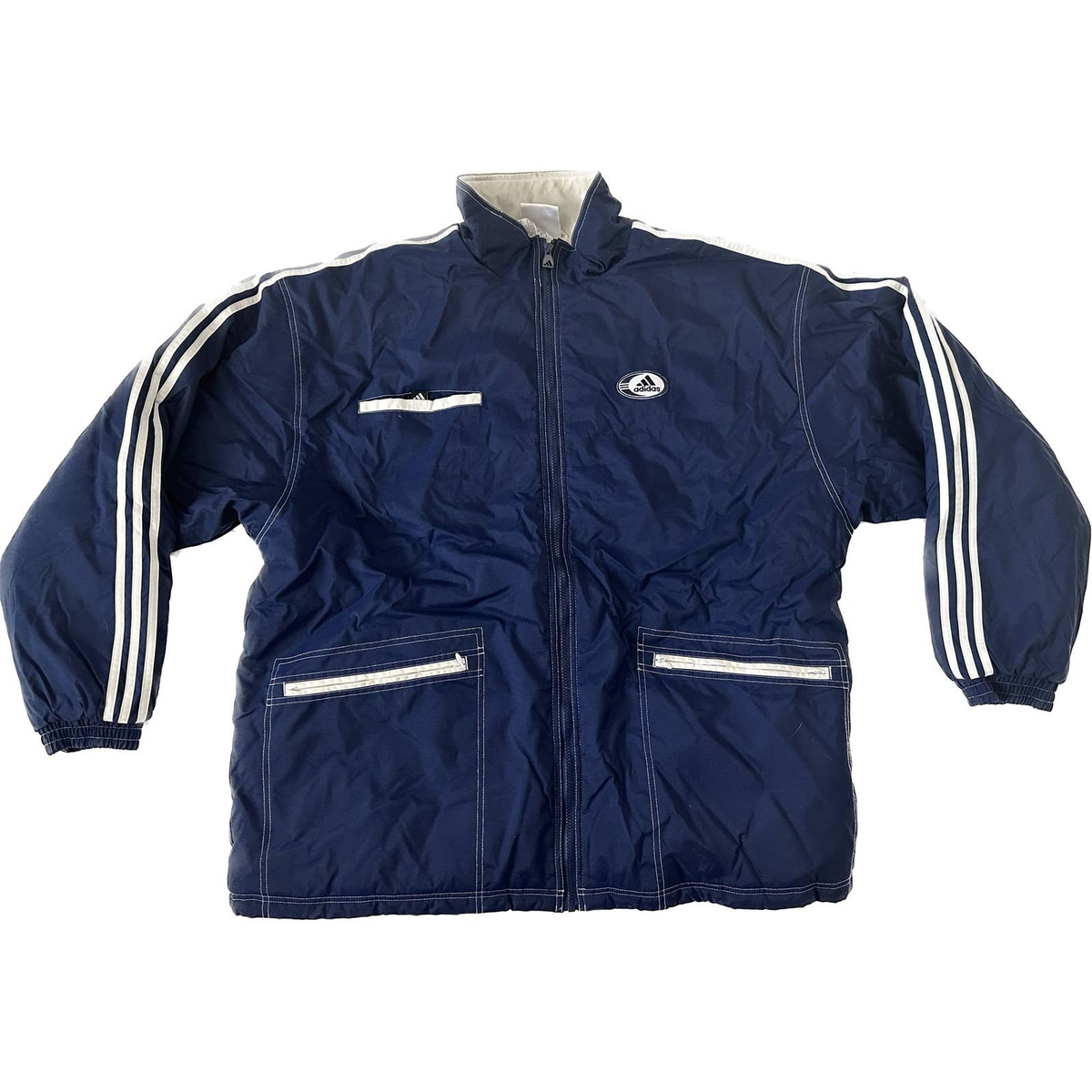 VIntage 90s Adidas Stripe Quilted Insulated XXL Blue Full Zip jacket VTG