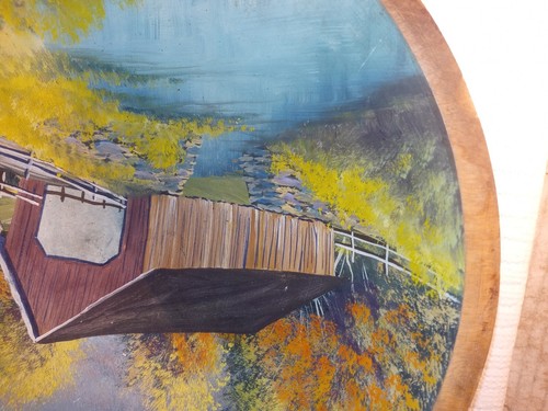 13” Hand Painted Wooden Bowl Wall Hanger Covered Bridge Vintage - Picture 7 of 17