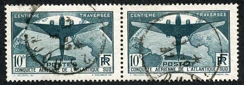 France SG554 1936 10f 100th Flight France to S. America Fine used PAIR - Picture 1 of 1