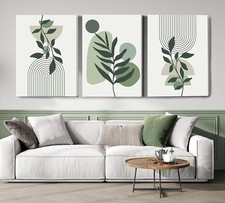 Boho Canvas Wall Art Set of 3 - Mid Century Modern Green Prints 18x24