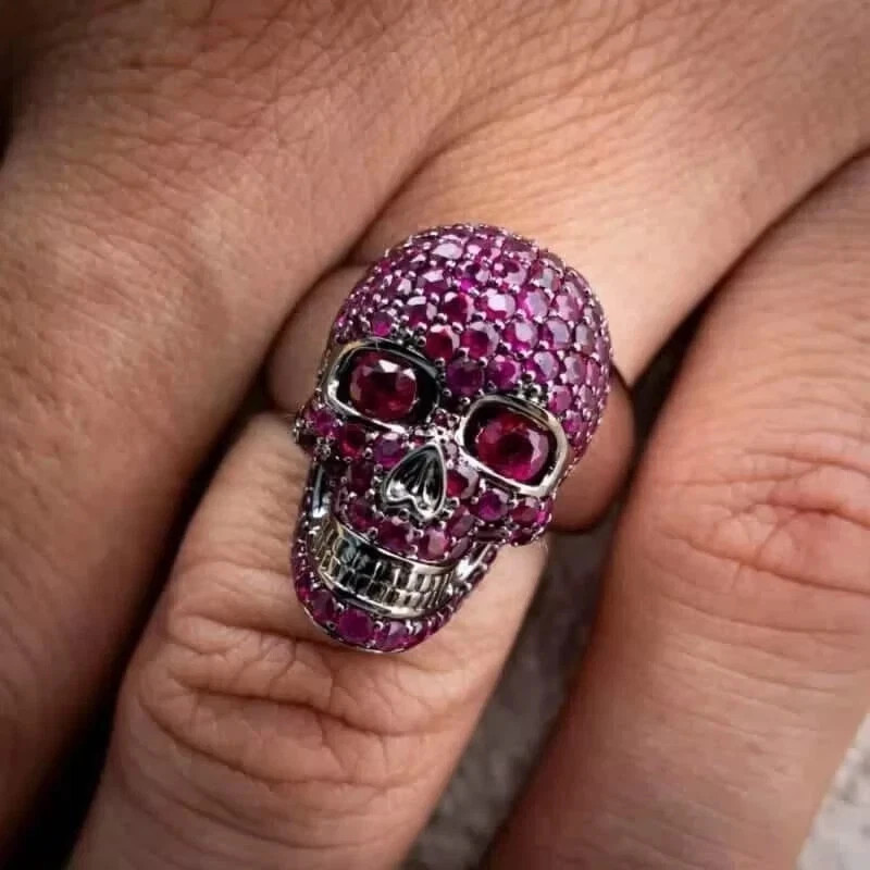 2.90Ct Round Cut Lab Created Red Ruby Skull Ring 14K Black Gold Plated Silver - Image 4 of 4