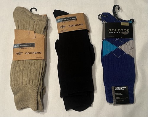 Lot of 7 NEW Mens Dress Socks - 3 Dockers Beige /1 Blue Argyle /3 Dockers Black