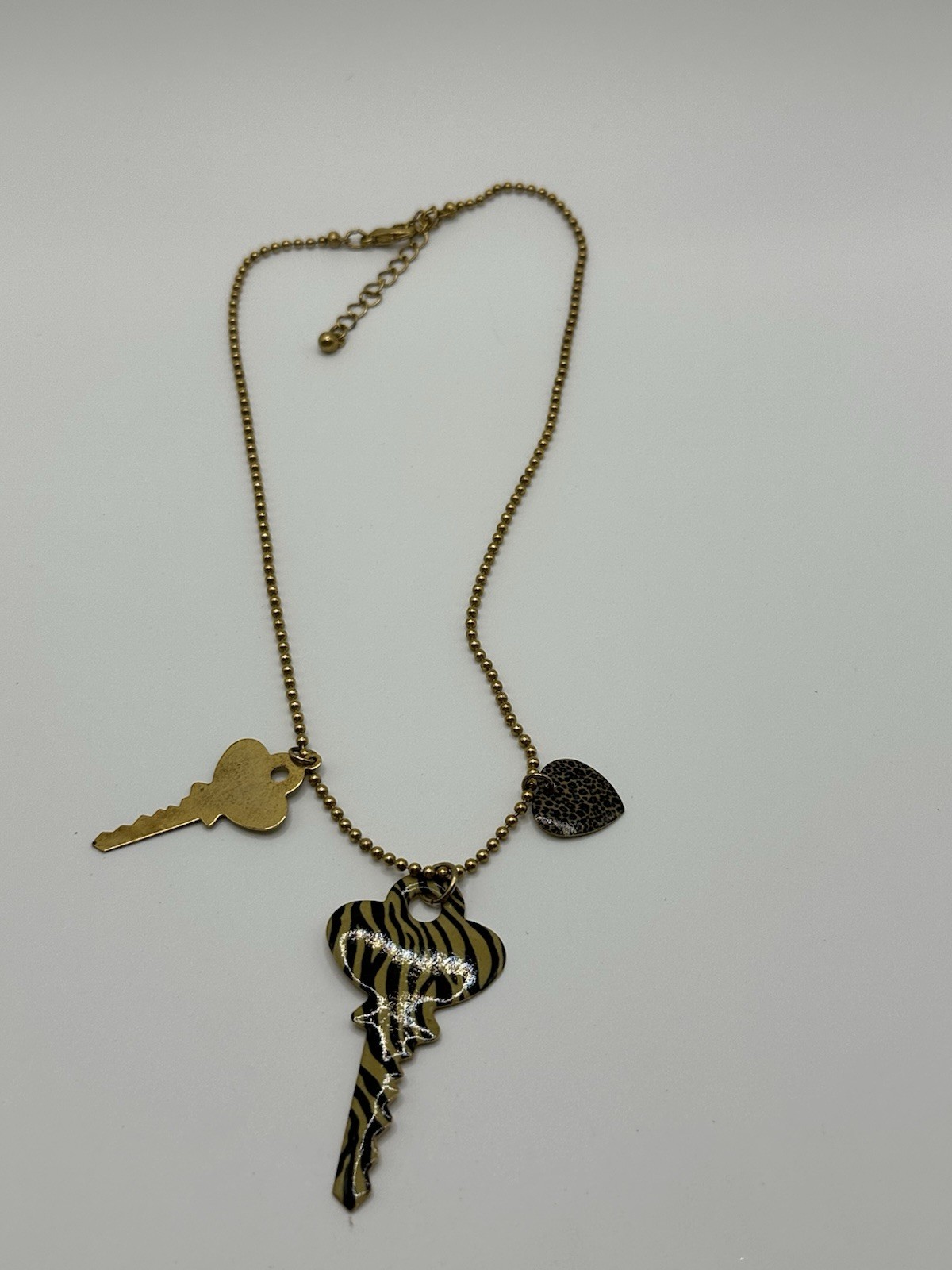 Gold Tone Chain Necklace With Key And Heart Charms  16”