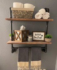 Industrial Pipe Shelf Bathroom Shelves Wall Mounted, 2 Tier 19.6in Rustic Woo...