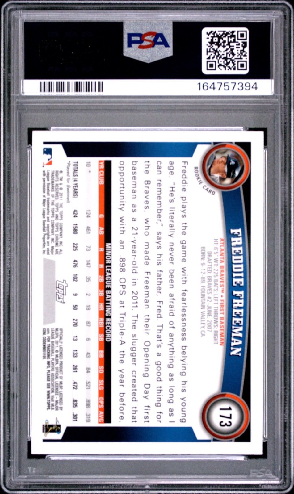 2011 TOPPS CHROME #173 FREDDIE FREEMAN ROOKIE RC PSA 8 view 2