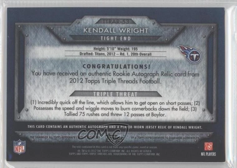 2012 Topps Triple Threads Rookie Relics Sapphire /10 Kendall Wright Auto RC - Image 2 of 2