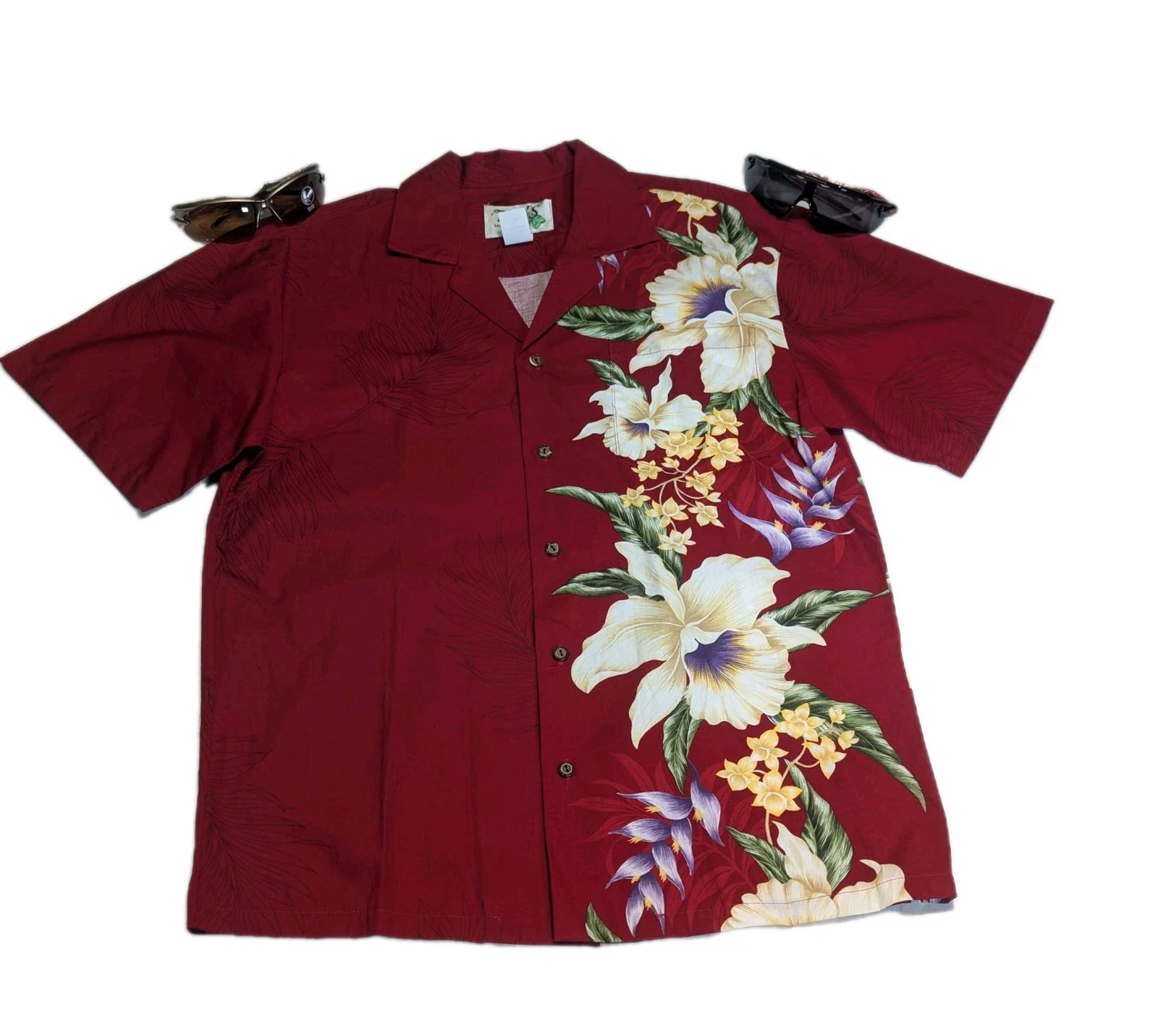 KY'S Hawaiian Tropical Shirt Men's M Red Short Sleeve CollarPocket Floral USA
