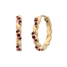 Genuine Pave Ruby 14K Gold Twisted Rope Huggie Hoops Matte Finished Earrings