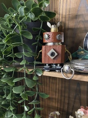 Handmade Wood & Metal Robot Figurine Sculpture Steampunk Industrial Decor