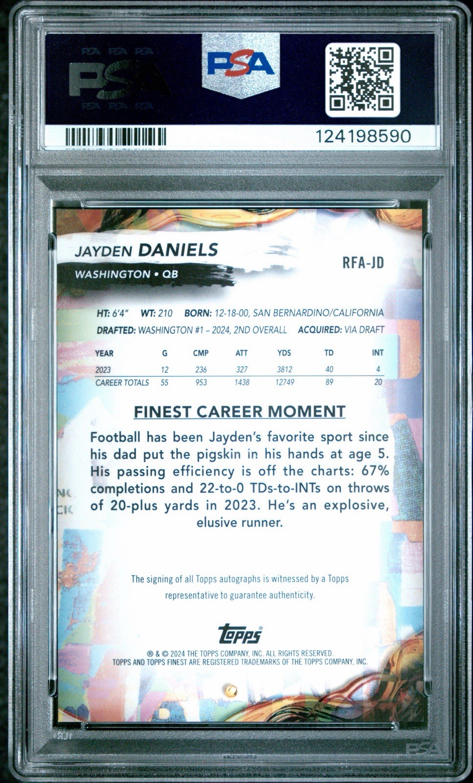 2024 Topps Finest Jayden Daniels Gold Refractor Auto 31/50 RC PSA 10 view 2