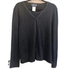 Sag Harbor Vintage Open Front Cardigan Sweater Black Coastal Silk Angora women L