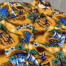 Vintage 70s 80s Romani Orange Hawaiian Shirt Surfers Hula Girl Boats Mens Small
