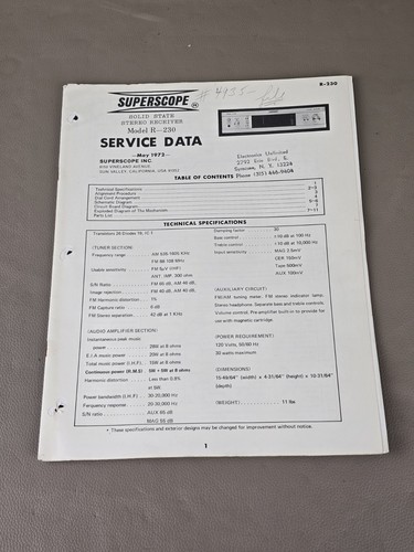 Superscope Solid State Stereo Receiver R-230 Service Data D-6154