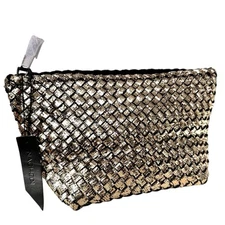 Naghedi Portofino Large Cosmetic Bag Etoile Woven Metallic Gold Neoprene