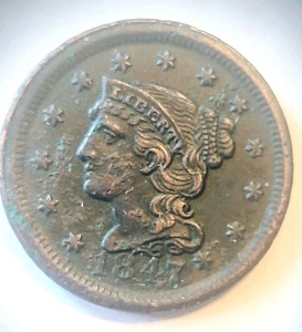 1847 1C BN Copper Braided Hair Cent Nice Condition 